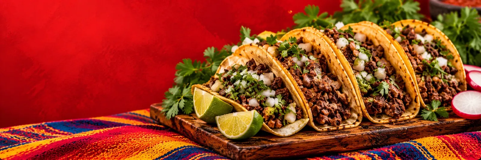 Tacos de asada en tabla de madera