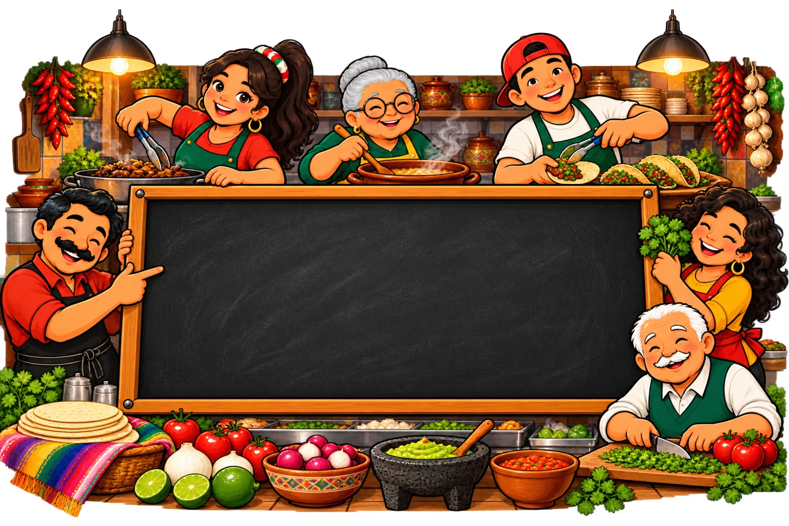 Los seis personajes de Plancha cocinando alrededor de un pizarrón