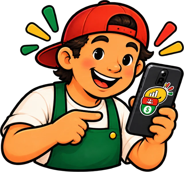 Beto feliz con su celular que tiene el logo de Plancha