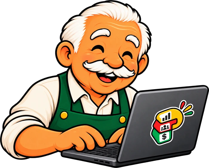 Don Pepe arma el sistema en su laptop con el logo de Plancha