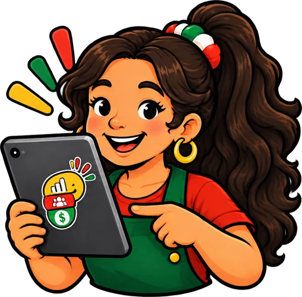 Lupe enseña su tablet con el logo de Plancha